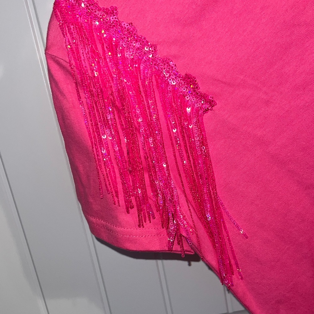 NWT! Concert | Festival Pink Short Sleeve Tee with Sequin Fringe! size SMALL - Picture 6 of 9